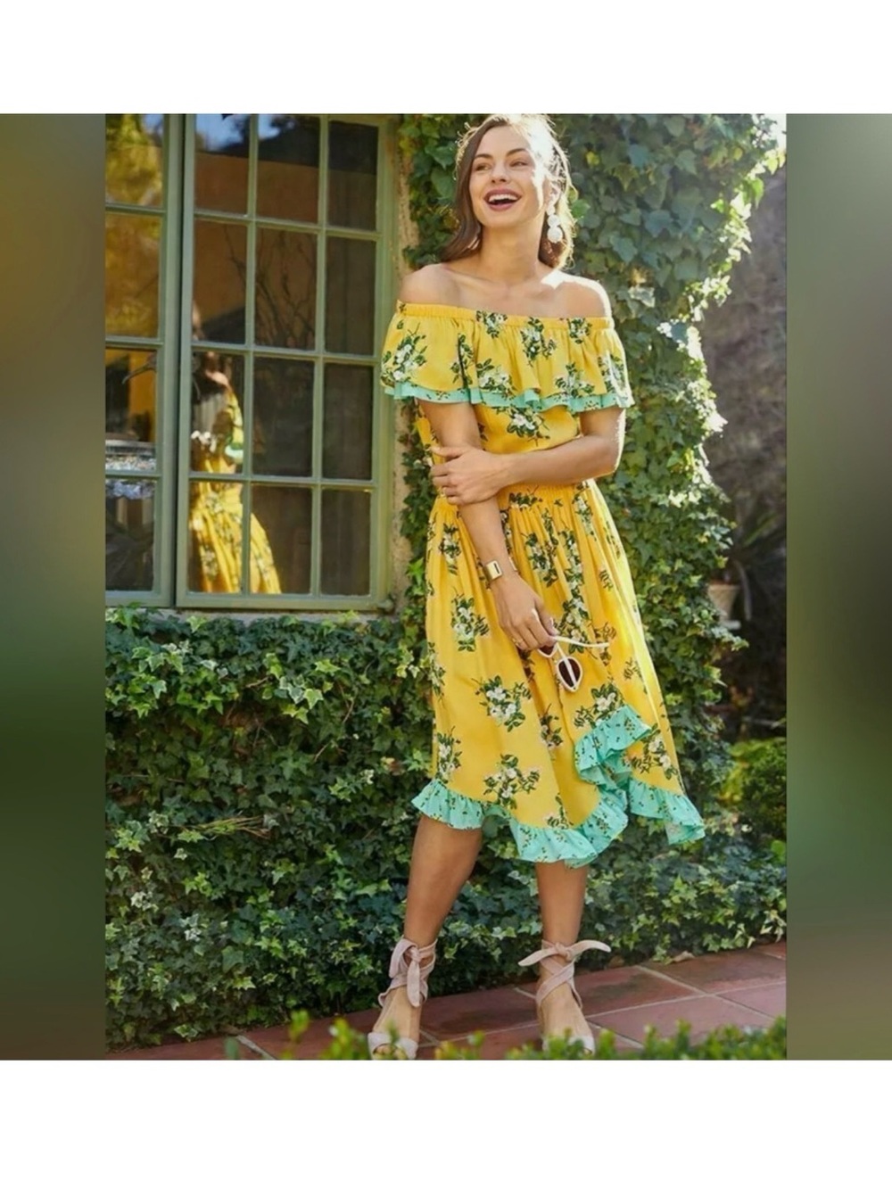 Matilda Jane Yellow Floral Off-Shoulder Ruffle Midi Dress with Mint Trim
